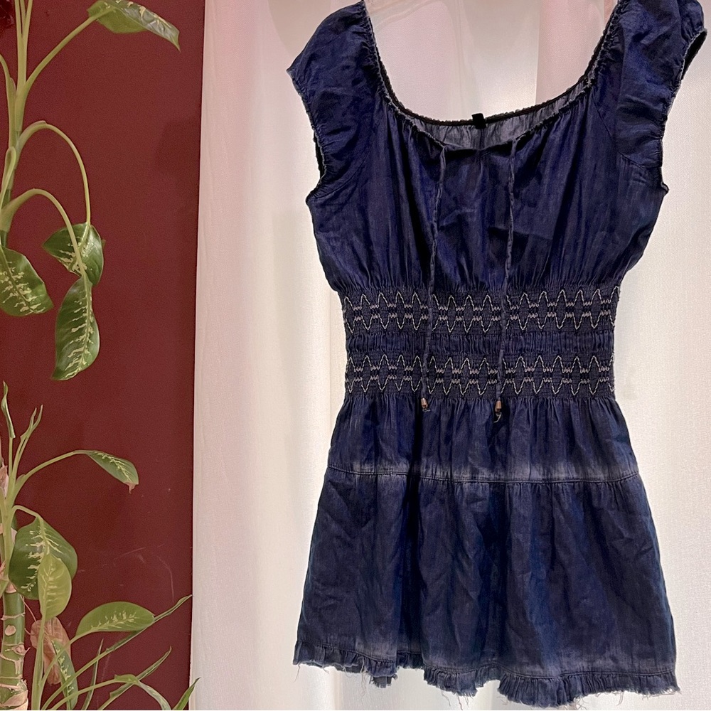 Lapis Blue Babydoll Mini Dress with Smocked Waist and Flutter Sleeves